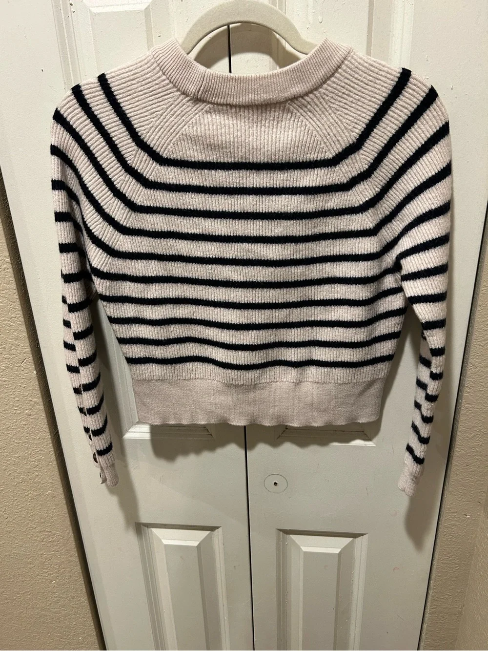 Sezane Sami Merino Wool Cotton Blend Striped Button Cuff Sweater  , Small